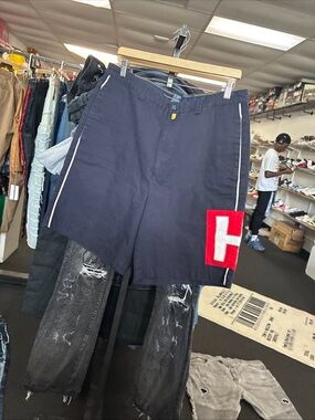 Vintage 1990s Tommy Hilfiger Tennis Shorts Big H Logo Men's Navy Sz 36 Pre Owned